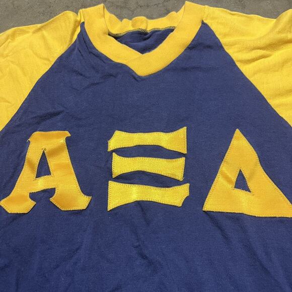 Vintage 70s Alpha Xi Delta Blue/Yellow Russell Sorority Shirt - Picture 2 of 4
